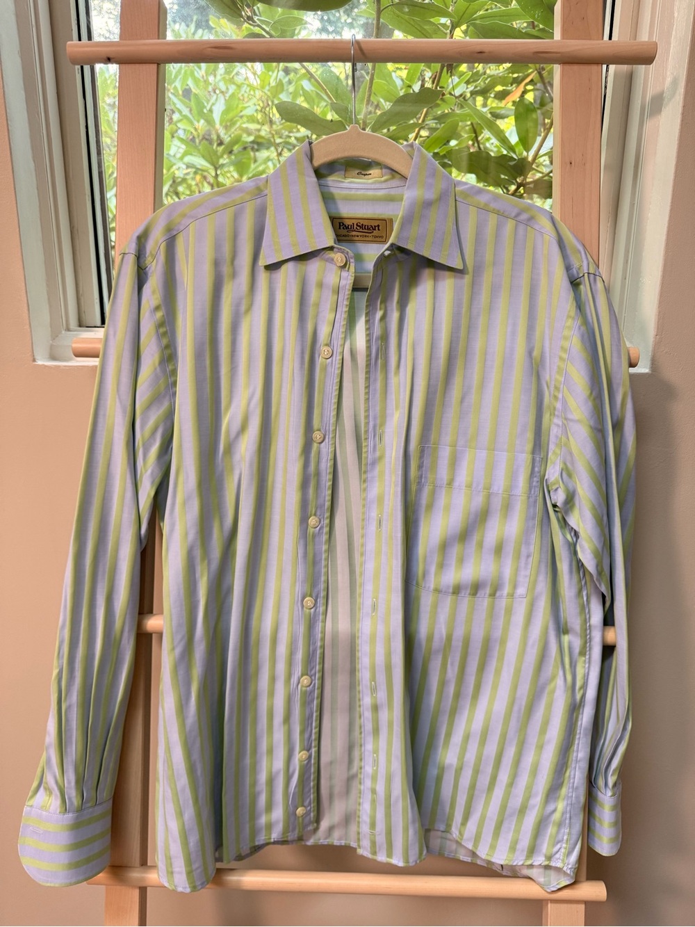 Paul Stuart "Cooper" Men's Stripe Button-Down Shirt Size M Blue & Lime Green